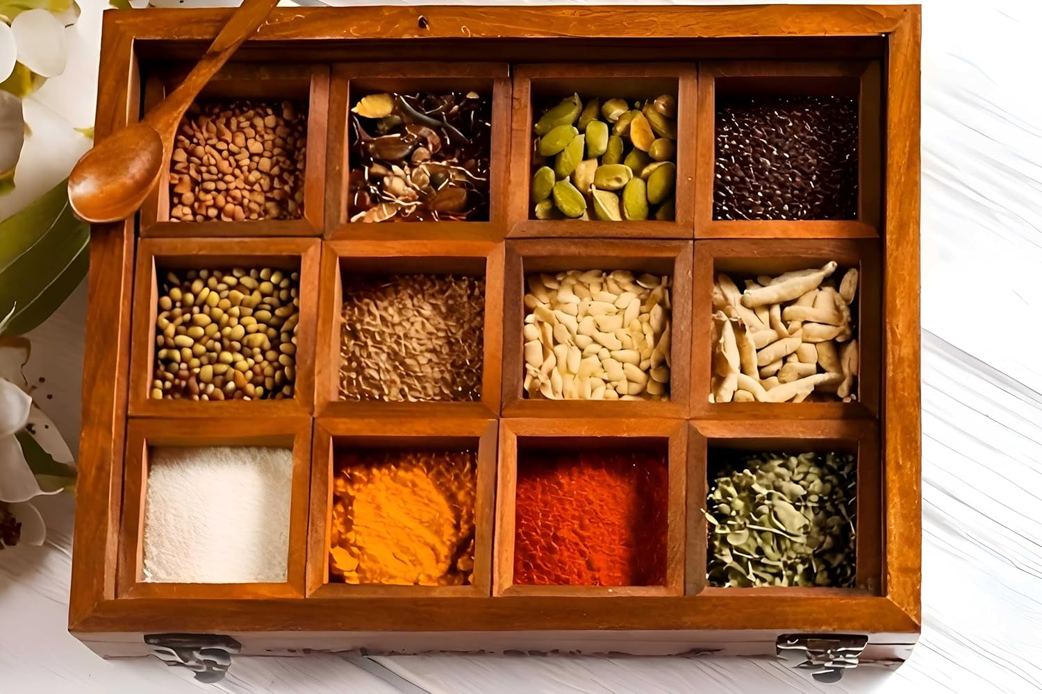 HOME CENTRAL Sheesham Wood Spice Box | Wooden Masala Dabba with 12 Removable Containers & Spoon | Glass Lid Spice Organizer for Kitchen Counter, Drawer & Storage (Brown)