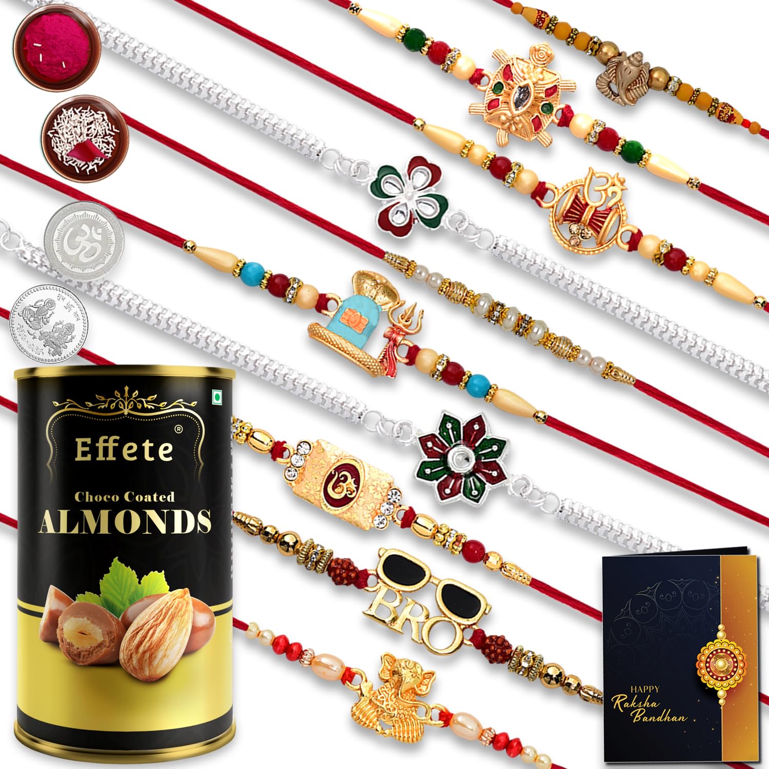 DeoDap Multicolor Rakhi Combo Set of 10 | Ganpati, Om, Trishul, Damroo, Shiva Lingam, Turtle, Silver Flower Rakhi with Chocolate Dry Fruits & Pooja Coin – Perfect Raksha Bandhan Gift