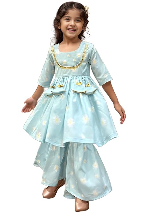 A.T.U.N. Girls Poly Silk Floral Sharara Set | Traditional Ethnic Wear for Festivals & Special Occasions