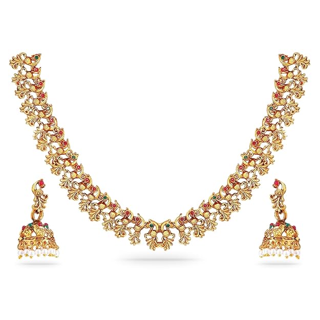 Rubans Gold-Plated Ruby & Emerald Stone Handcrafted Jewellery Set for Weddings