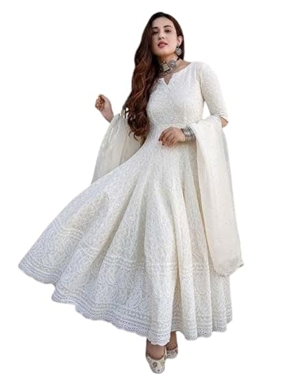Heritage Treasure Women's Cotton Chikankari Long Anarkali Kurti with Dupatta (White-L)