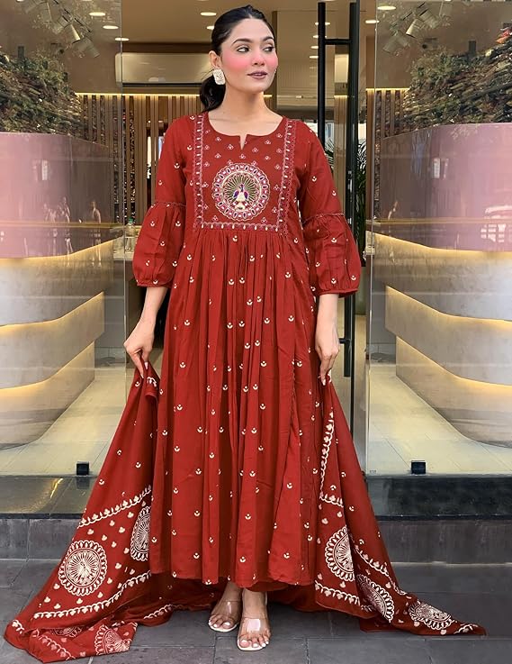 GoSriKi Women's Rayon Viscose Anarkali Embroidered Kurta with Pant & Dupatta