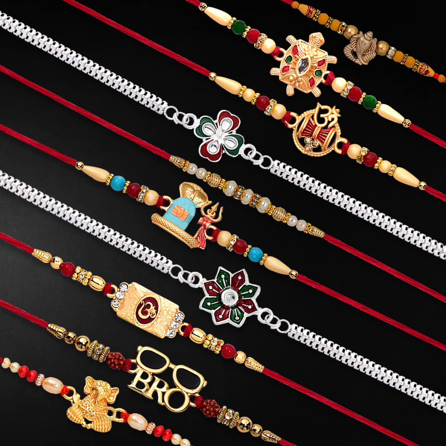 DeoDap Multicolor Rakhi Combo Set of 10 | Ganpati, Om, Trishul, Damroo, Shiva Lingam, Turtle, Silver Flower Rakhi with Chocolate Dry Fruits & Pooja Coin – Perfect Raksha Bandhan Gift