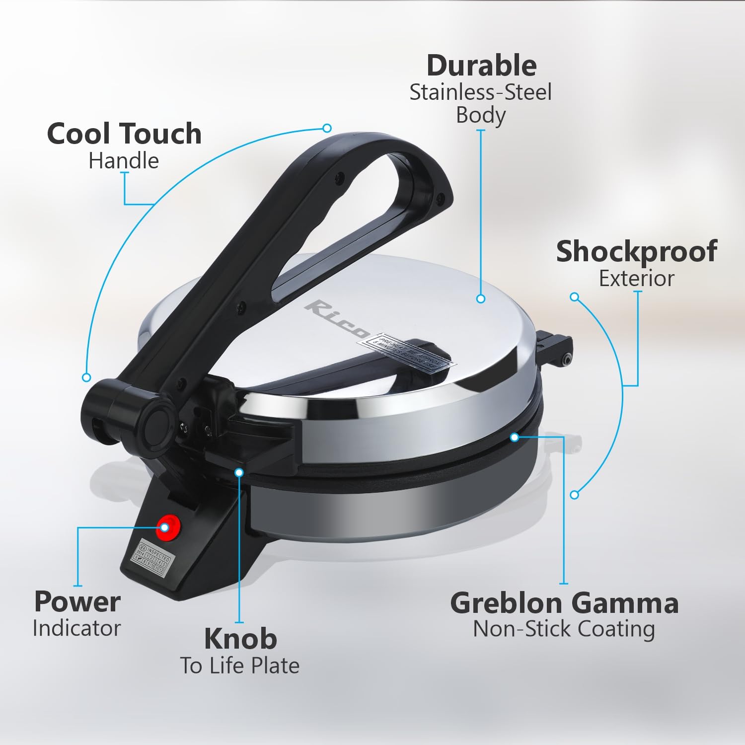 Rico Roti Maker Electric Automatic | Non-Stick Chapati & Khakra Maker | 1000 Watts Fast Heating | Cool Touch Handle | 2 Years Warranty
