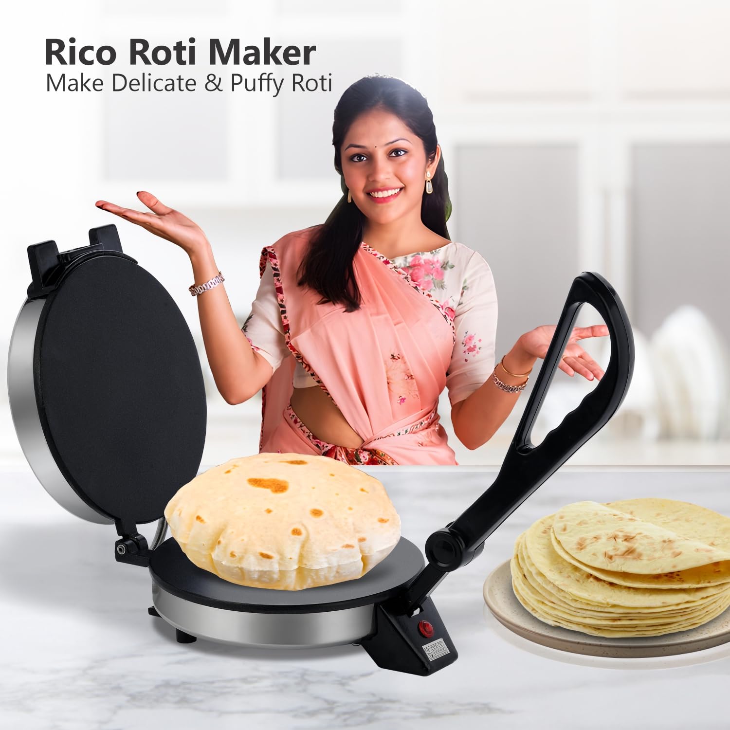 Rico Roti Maker Electric Automatic | Non-Stick Chapati & Khakra Maker | 1000 Watts Fast Heating | Cool Touch Handle | 2 Years Warranty