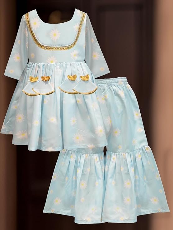 A.T.U.N. Girls Poly Silk Floral Sharara Set | Traditional Ethnic Wear for Festivals & Special Occasions