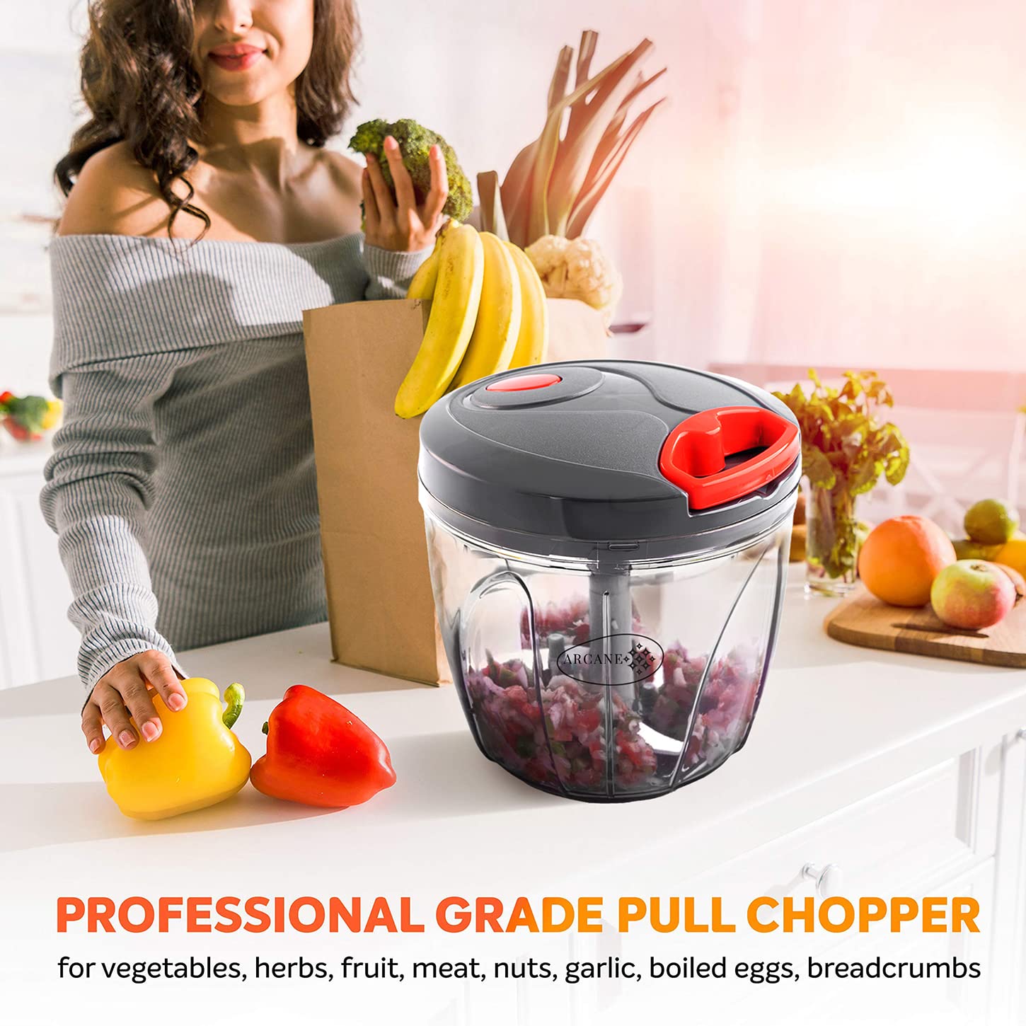 Arcane 1 liter Big Size Kitchen Dori Handy Vegetable and Fruit Manual Onion Dry Fruit Salad Maker Vegetable Quick String Chopper Machine, Cutter – 5 Stainless Steel Blades
