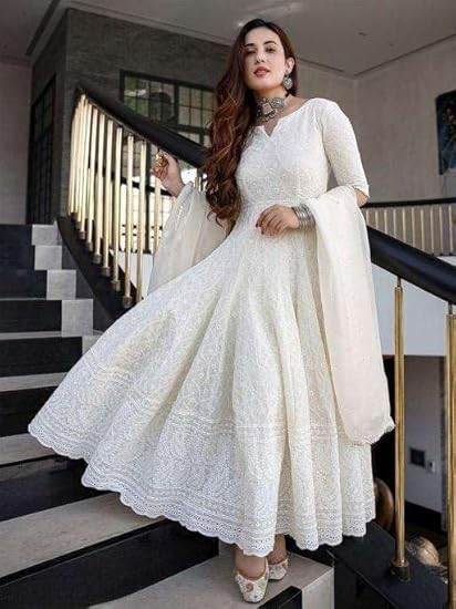 Heritage Treasure Women's Cotton Chikankari Long Anarkali Kurti with Dupatta (White-L)