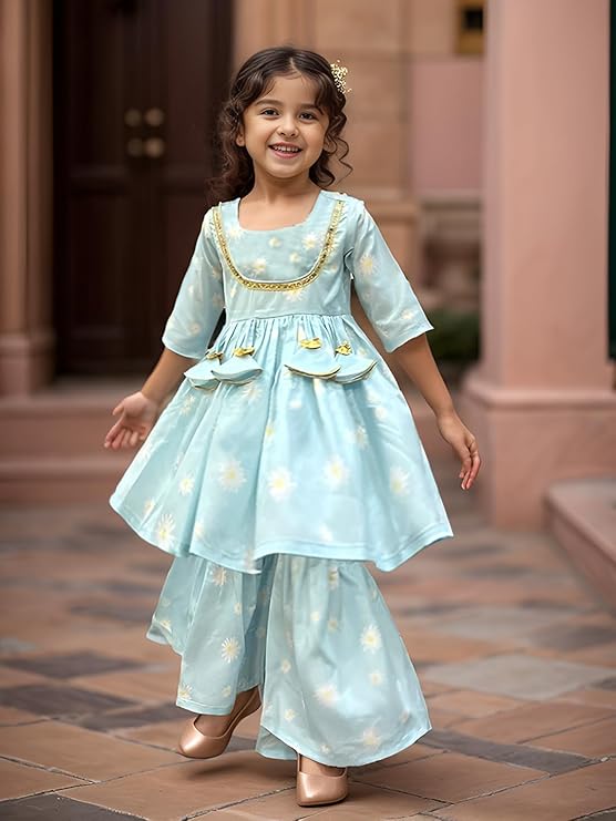 A.T.U.N. Girls Poly Silk Floral Sharara Set | Traditional Ethnic Wear for Festivals & Special Occasions