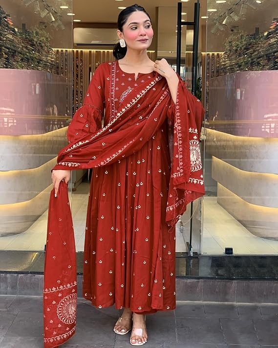 GoSriKi Women's Rayon Viscose Anarkali Embroidered Kurta with Pant & Dupatta