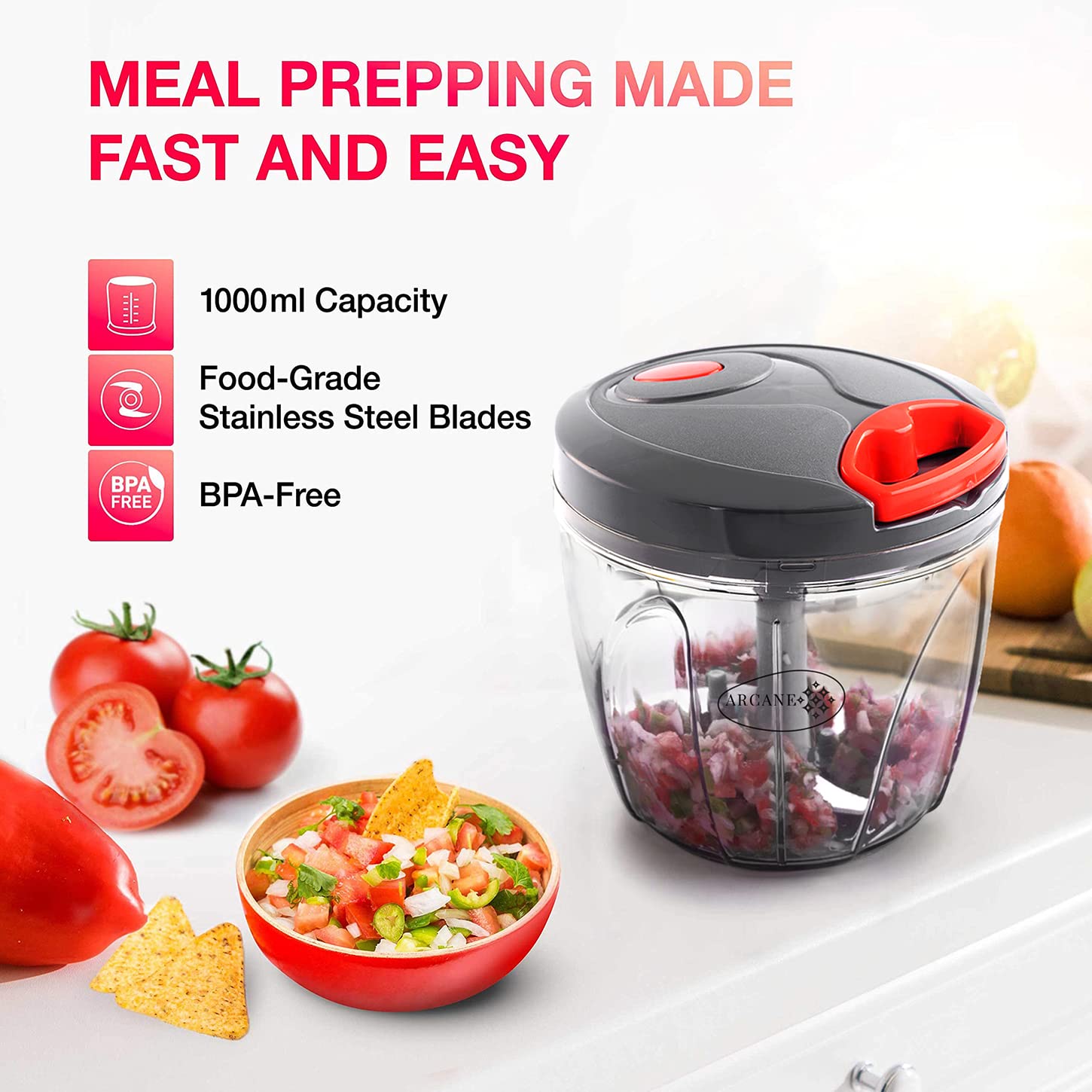 Arcane 1 liter Big Size Kitchen Dori Handy Vegetable and Fruit Manual Onion Dry Fruit Salad Maker Vegetable Quick String Chopper Machine, Cutter – 5 Stainless Steel Blades