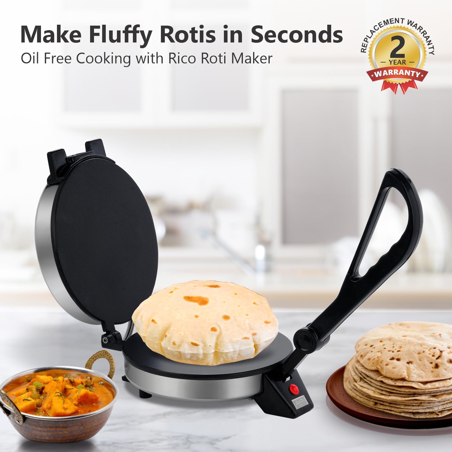 Rico Roti Maker Electric Automatic | Non-Stick Chapati & Khakra Maker | 1000 Watts Fast Heating | Cool Touch Handle | 2 Years Warranty