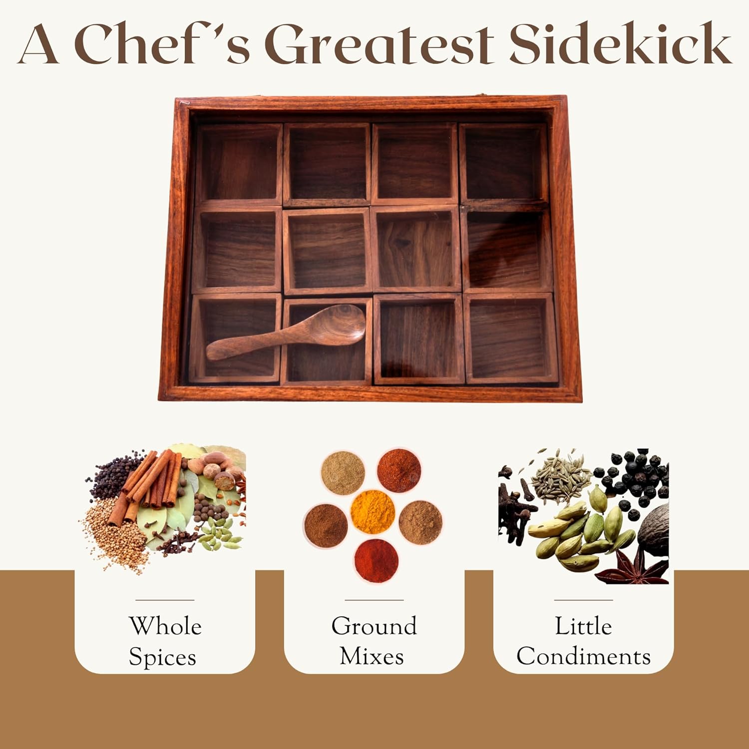 HOME CENTRAL Sheesham Wood Spice Box | Wooden Masala Dabba with 12 Removable Containers & Spoon | Glass Lid Spice Organizer for Kitchen Counter, Drawer & Storage (Brown)