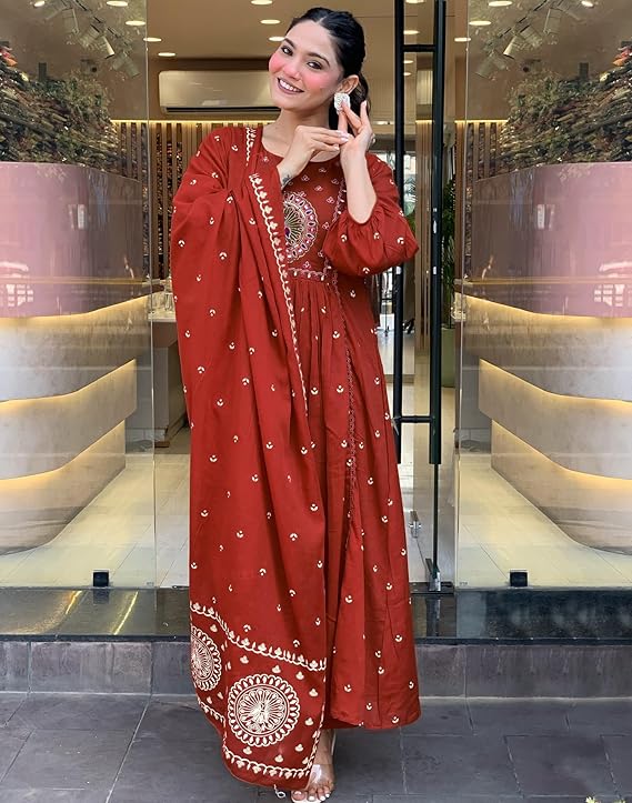 GoSriKi Women's Rayon Viscose Anarkali Embroidered Kurta with Pant & Dupatta