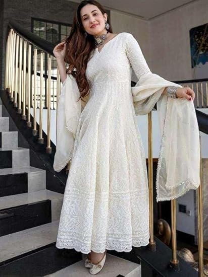 Heritage Treasure Women's Cotton Chikankari Long Anarkali Kurti with Dupatta (White-L)