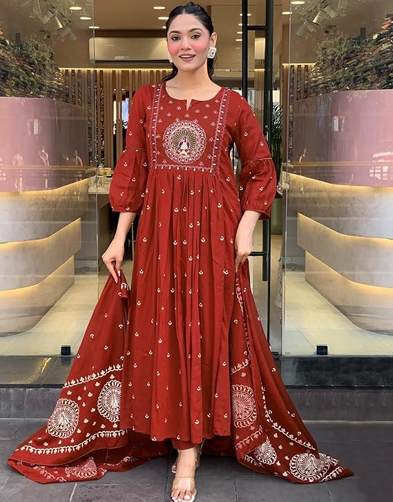 GoSriKi Women's Rayon Viscose Anarkali Embroidered Kurta with Pant & Dupatta