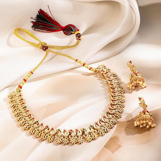 Rubans Gold-Plated Ruby & Emerald Stone Handcrafted Jewellery Set for Weddings