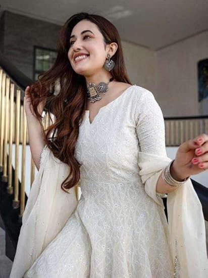 Heritage Treasure Women's Cotton Chikankari Long Anarkali Kurti with Dupatta (White-L)