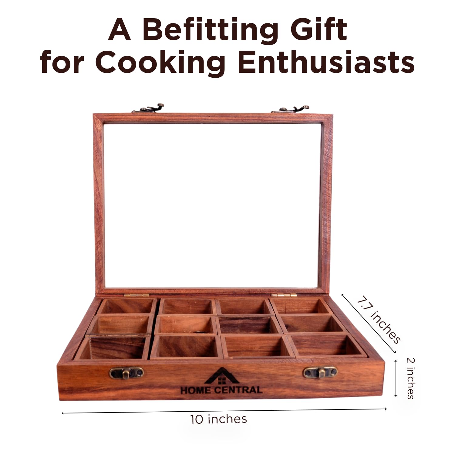 HOME CENTRAL Sheesham Wood Spice Box | Wooden Masala Dabba with 12 Removable Containers & Spoon | Glass Lid Spice Organizer for Kitchen Counter, Drawer & Storage (Brown)